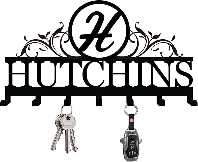 Custom Metal Key Holder for Wall – Personalized Family Name Monogram Rack with 7 Hooks for Entryway, Front Door, Kitchen, Bathroom, Living Room Bedroom, Anniversary Couple Gift
