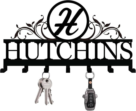 Custom Metal Key Holder for Wall – Personalized Family Name Monogram Rack with 7 Hooks for Entryway, Front Door, Kitchen, Bathroom, Living Room Bedroom, Anniversary Couple Gift