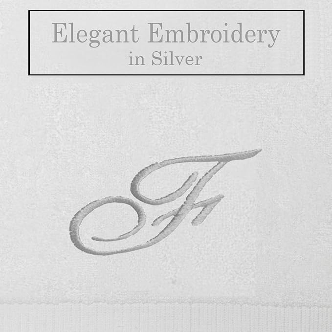White Monogrammed Hand Towels for Bathroom - Luxury Hotel Quality Personalized Initial Embroidered Towel for Powder Room, Spa - GOTS Organic Certified - Set of 2 Silver Letter F