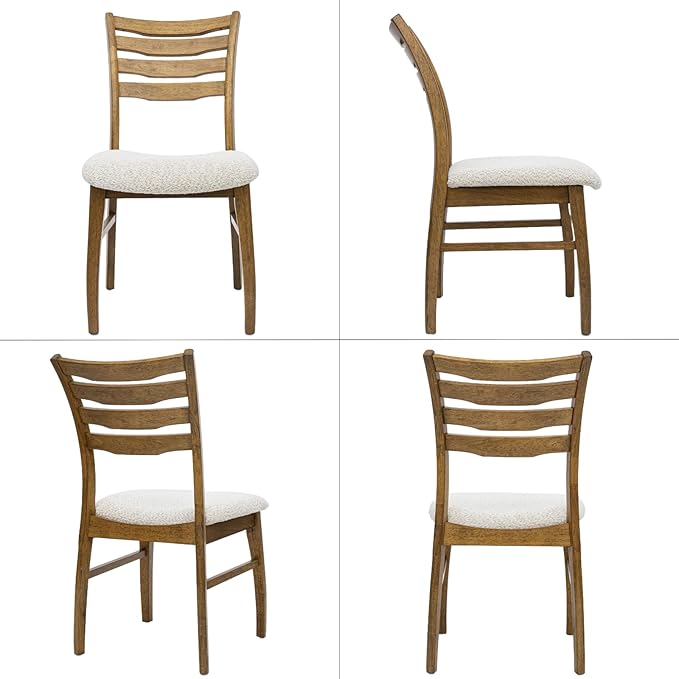 DUOMAY Farmhouse Dining Chairs Set of 2, Fur Beige Upholstered Side Chairs Solid Wood Ladder Back Kitchen Chairs for Home Dining Room, Browm Frame