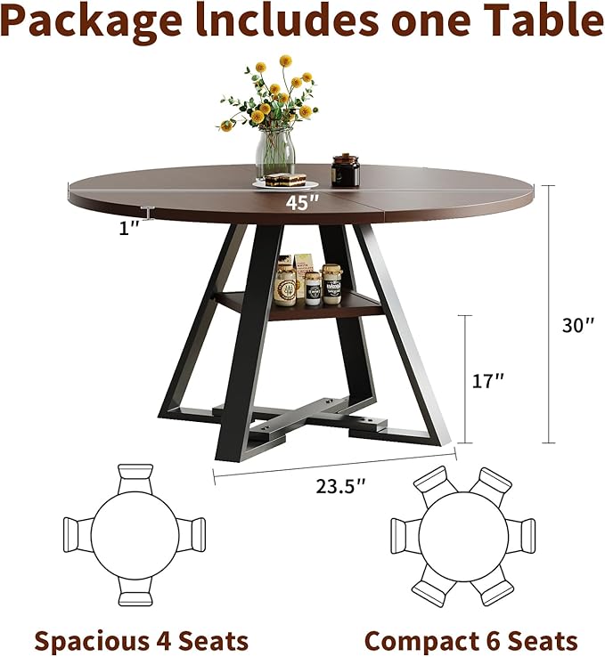 Walnut Round Dining Table Set for 4, Mid-Century Modern Kitchen Table and Chairs, Small Space Dining Room Furniture for Apartment, Breakfast Nook or Studio (Boxwood-Storage Table+4 Black Chairs)