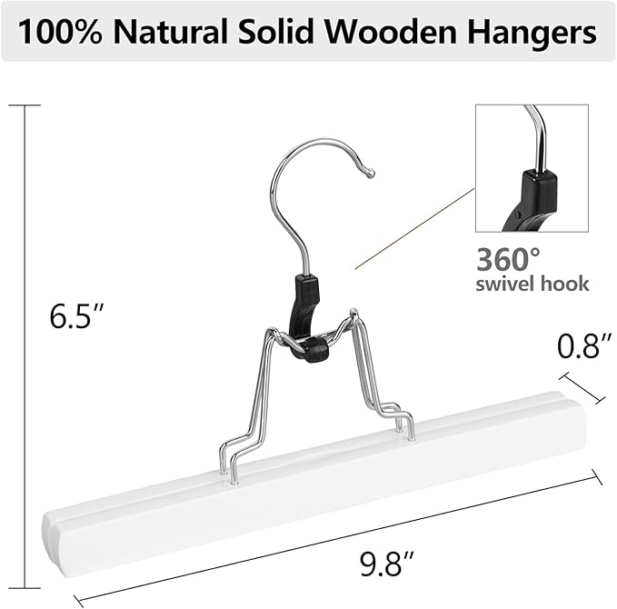 AMKUFO 12 Pack White Wooden Pants Hangers with Clips Non Slip Skirt Hangers Trouser Clamp Hanger Solid Wood Hanger with 360° Swivel Hook