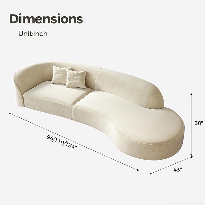 Luxury Curved Sofa Couch – Modern Upholstered Sectional Sofa, Designer L Shaped Couch with Plush Microfiber, High-Density Foam & Solid Wood Frame (Ivory Right-facing, 94"L x 43"W x 30"H)