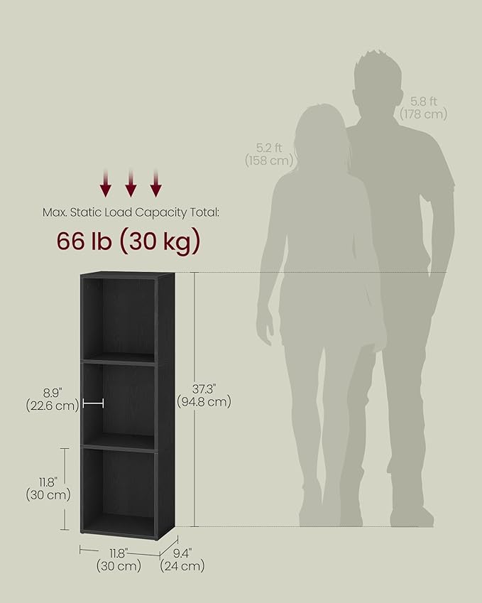 VASAGLE Custos Collection - Bookshelf, 3-Tier Bookcase, Book Shelf, Open Storage Shelf, 9.4 x 11.8 x 37.3 Inches, for Living Room, Home Office, Dining Room, Ebony Black ULBC433B01