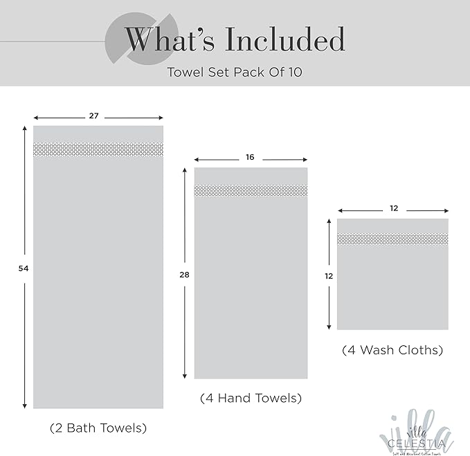 100% Cotton Bath Towel Set of 10-2 Bath Towels, 4 Hand Towels, 4 Wash Cloths, Sustainable, Soft, Highly Absorbent, Combed Cotton 10 Piece Set for Hotels, Spa, Bathroom, Dorm, Silver