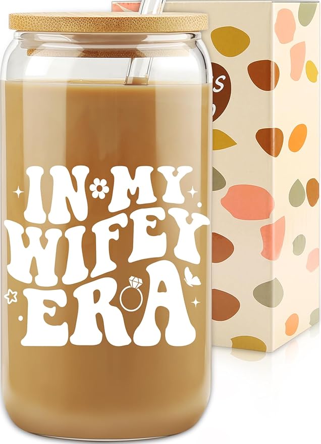 New Wifey Gifts, Bride Wedding Gift, Bridal Shower Gifts, Newlywed Present for Friend, Bride to Be Gift Idea, In My Wifey Era Ice Coffee Cup, Newly Married, Wife Present, 16OZ Glass Cup w/ Lid & Straw
