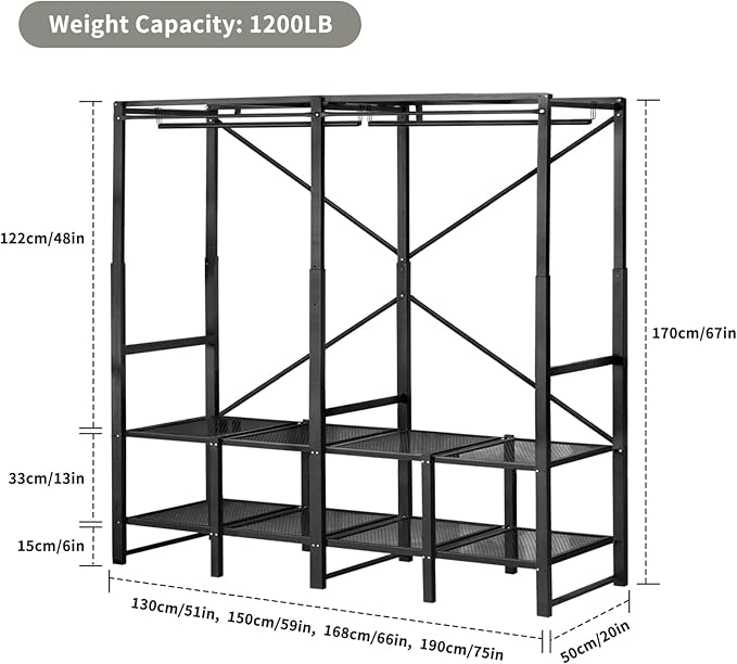 Portable Closet Rack Heavy-Duty Foldable Garment Racks with Cover 1200lbs Enclosed Wardrobe Closet with Independent Area for Hanging Clothes Storaging of Bedding (66in*20in*67in)