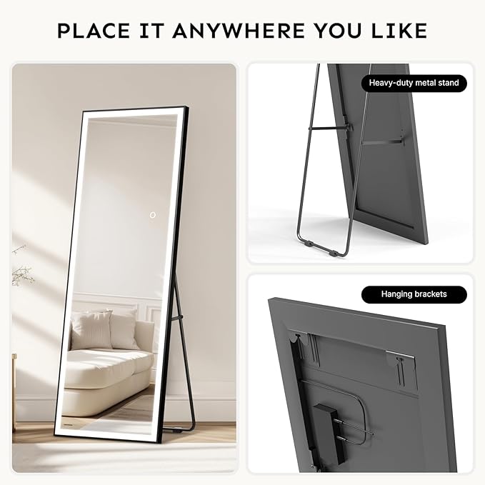 Kosmonia 71x28 Full Length Mirror, Dimmable 3 Color LED Light w/Light Memory, Distortion Free Silver Coating Mirror, HD Reflection &Anti Desilvering,Tempered Glass &Shatter Proof Film Doubles Safety