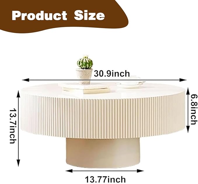 Round Drum Coffee Table White Round Fluted Coffee Table Circle Center Table Pedestal End Table for Apartment (Cream White)