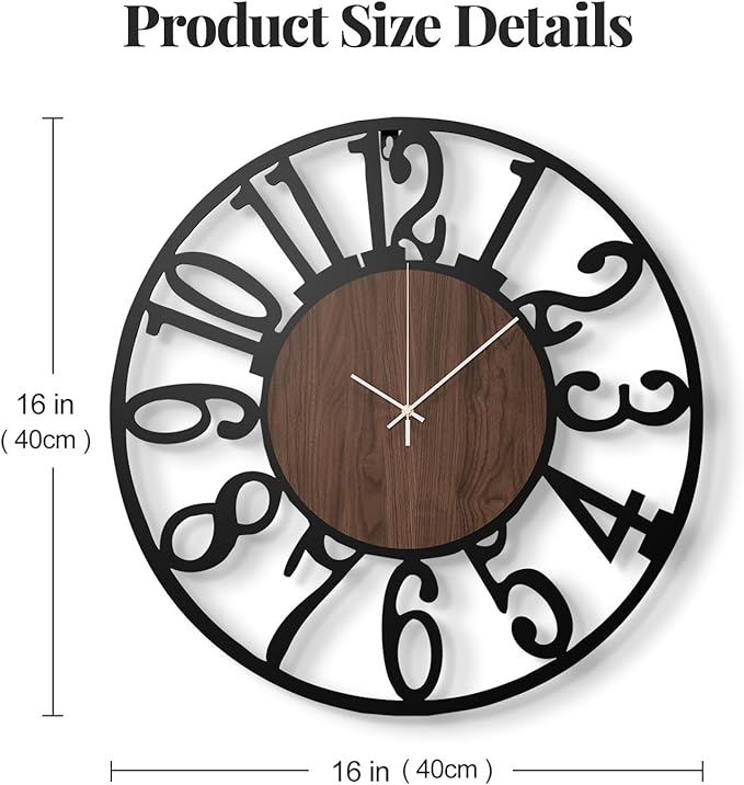 Modern Wall Clock Battery Operated, 16 inch Round Big Wood Decorative Metal Wall Clocks for Living Room, Non Ticking Silent Black Clock, Bedroom, Kitchen, Office Decor-Arabic Numerals