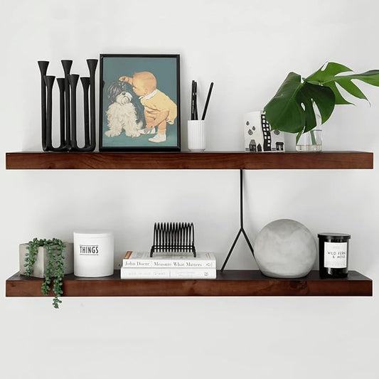 Homeforia Walnut 36 inch Floating Shelf, High End Solid Real Wood 36inch Large Shelves for Bathroom Wall, Dark Brown 36 inches Long Floating Shelves, Heavy Duty Bracket, 36 X 6.5 X 1.75 inch, Set of 3