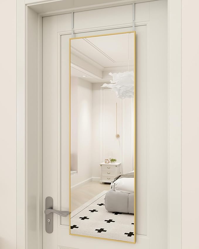 BEAUTYPEAK 16" x 50" Adjustable Height Over The Door Mirror, Full Length Hanging Door Mirror with Shatterproof Tempered Glass Aluminum Alloy Frame for Bedroom, Living Room, Bathroom, Dorm, Gold