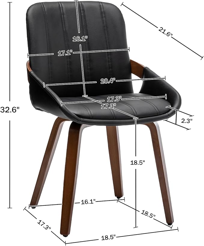 Mid Century Modern Faux Leather Upholstered Dining Chairs,Armless Accent Chairs with Sturdy Natural Wood Legs,Bamboo Backrest Support for Kitchen&Dining Room Chairs(Set of 2,Black PU)