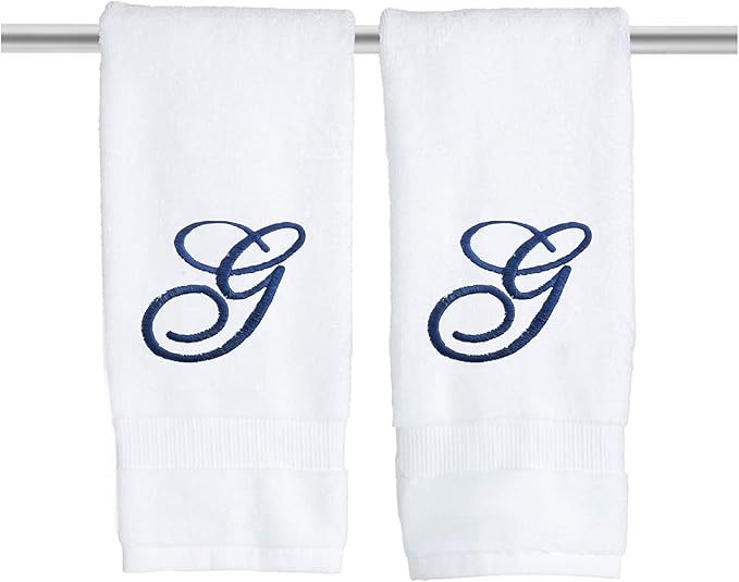 White Monogrammed Hand Towels for Bathroom - Luxury Hotel Quality Personalized Initial Embroidered Towel for Powder Room, Spa - GOTS Organic Certified - Set of 2 Navy Letter G