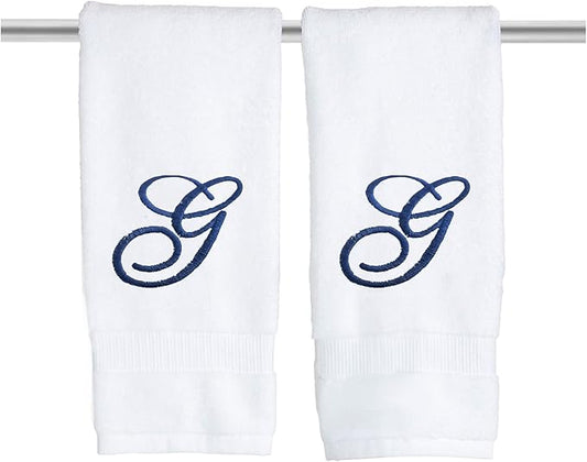 White Monogrammed Hand Towels for Bathroom - Luxury Hotel Quality Personalized Initial Embroidered Towel for Powder Room, Spa - GOTS Organic Certified - Set of 2 Navy Letter G