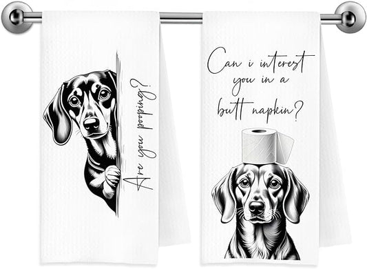 Funny Dachshund Dog Hand Towels, Dachshund Bathroom Decor, are You Pooping Weiner Dog Decorative Hand Towels for Bathroom Washroom Restroom Toilet, 16x24 Inch Set of 2