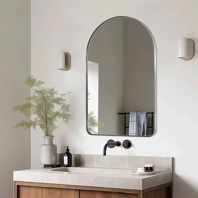 ANDY STAR Arched Mirror, 24 x 36 Inch Polished Chrome Bathroom Mirror with Stainless Steel Metal Frame, Arch Top Rounded Corner 1 Inch Deep Set Design Wall Mount Hangs Vertical