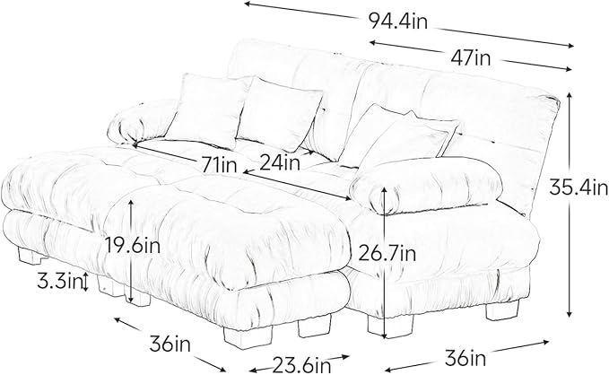 94.4" Loveseat Sofa, 2 Seater Modular Sectional Sofa, Blue Large U Shaped Sectional Couches for Living Room, Fluffy Chenille Fabric Cloud Couch with Ottoman