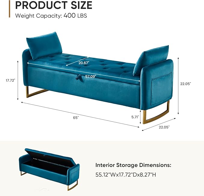 65" Storage Ottoman Bench, End of Bed Storage Bench King Size with Tufted Button Upholstered and Gold Legs, Bedroom Benches with Armrests for Living Room Window, Vintage Green