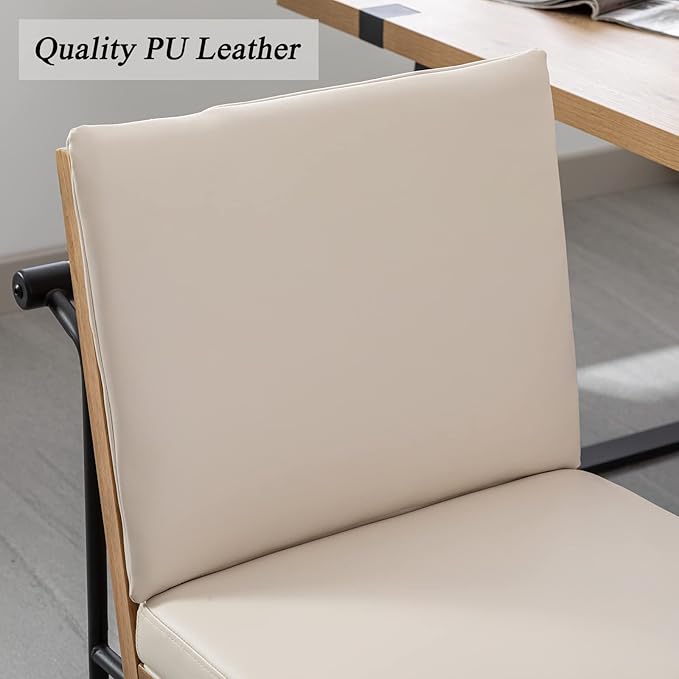 DUOMAY Mid-Century Modern Dining Chairs Set of 4, PU Leather Side Chair with Rear Handle, Armless Chair with Metal Legs for Kitchen Dining Room Living Room Vanity, Beige
