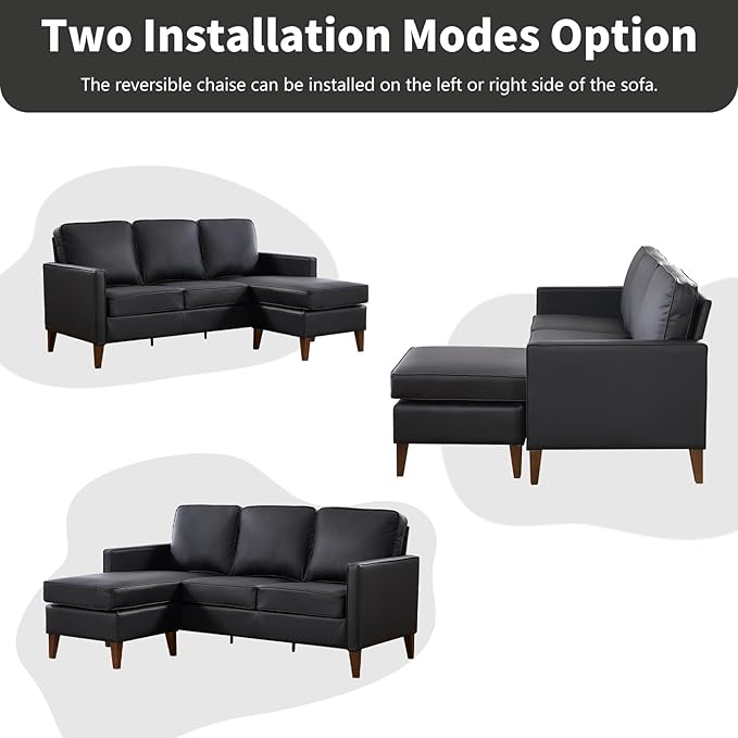 EBELLO Sectional Sofa Couch, L Shaped Couch Faux Leather with Reversible Chaise, Lounge Sofa for Living Room Apartment Small Space, Black