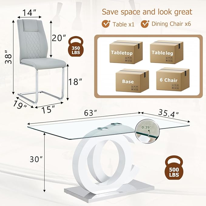 63'' Glass Dining Table Set for 6, Kitchen Table Chairs Set of 6, Clear Glass Dining Table with White unique design Leg and Silver Metal Base, 6 PU Dining Chairs with Metal Legs, Living Room, Kitchen.
