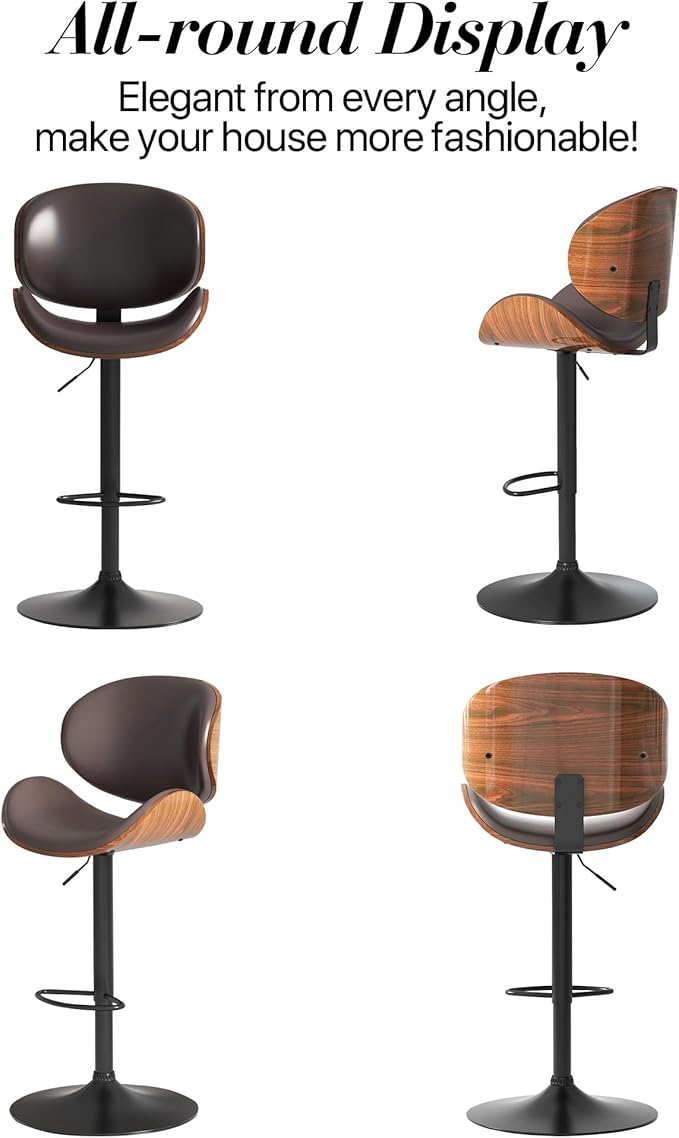Adjustable Swivel Bar Stools 1 PC, Modern Bentwood Barstool with Large Metal Base and Footrest, PU Leather Upholstered Bar Chair with Curved Back for Kitchen Island Dining Room, Brown