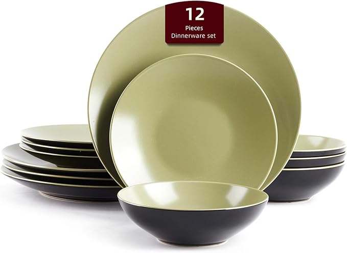 Stoneware Two-Tone Colors Life 12pc Dinner Set， Outside Shiny Black + Inside Matte Glaze Olive)