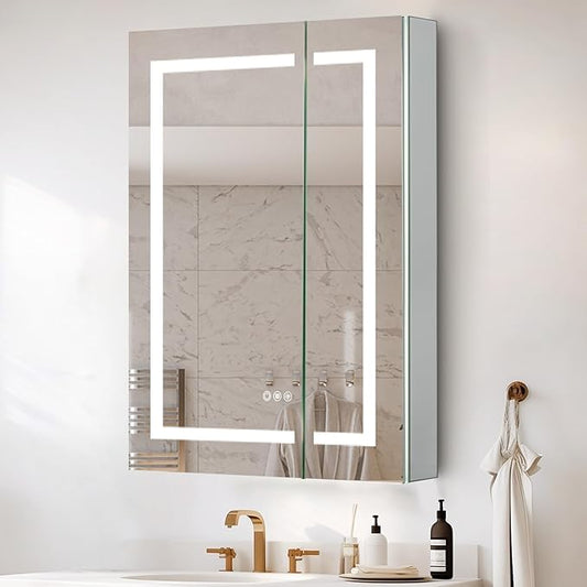 30 x 36 LED Lighted Medicine Cabinet with Lights, Recessed or Surface Wall Mount Medicine Cabinet Mirror for Bathroom with Storage, Outlets & USB, Tempered Glass, 3-Color Dimming, Adjustable Shelf