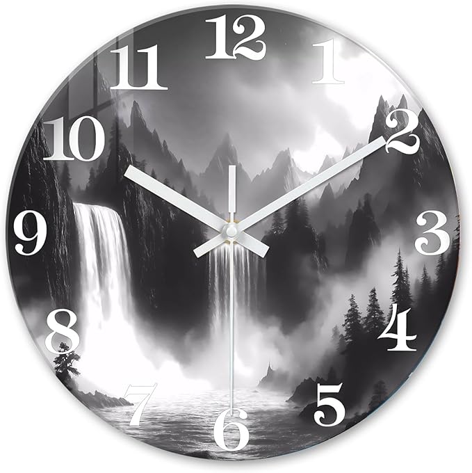 XNM 14 Inch Waterfall Wall Clock for Living Room Analog Natural Landscape Black and White Glass Wall Clocks Battery Operated Round Wall Clock Silent