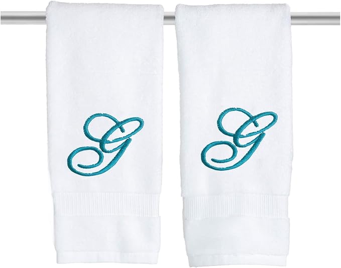 White Monogrammed Hand Towels for Bathroom - Luxury Hotel Quality Personalized Initial Embroidered Towel for Powder Room, Spa - GOTS Organic Certified - Set of 2 Teal Letter G