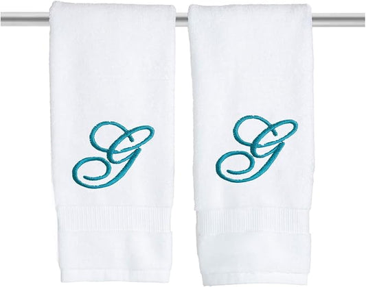 White Monogrammed Hand Towels for Bathroom - Luxury Hotel Quality Personalized Initial Embroidered Towel for Powder Room, Spa - GOTS Organic Certified - Set of 2 Teal Letter G