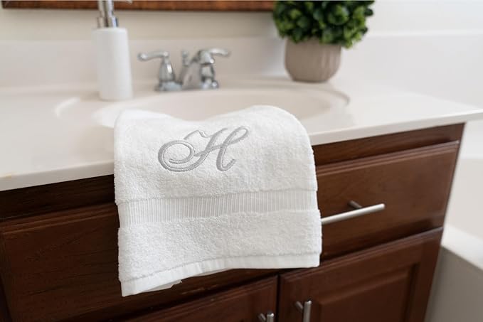 White Monogrammed Hand Towels for Bathroom - Luxury Hotel Quality Personalized Initial Embroidered Towel for Powder Room, Spa - GOTS Organic Certified - Pack of 2 Silver, Letter H