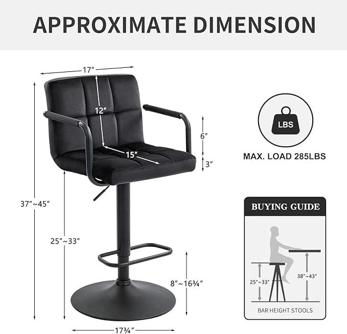 Furnimart Adjustable Bar Stool Swivel Barstools Set of 2 Counter Stools with Armrest and Footrest Upholstered Bar Chairs for Kitchen and Dining Room (Velvet-Black)