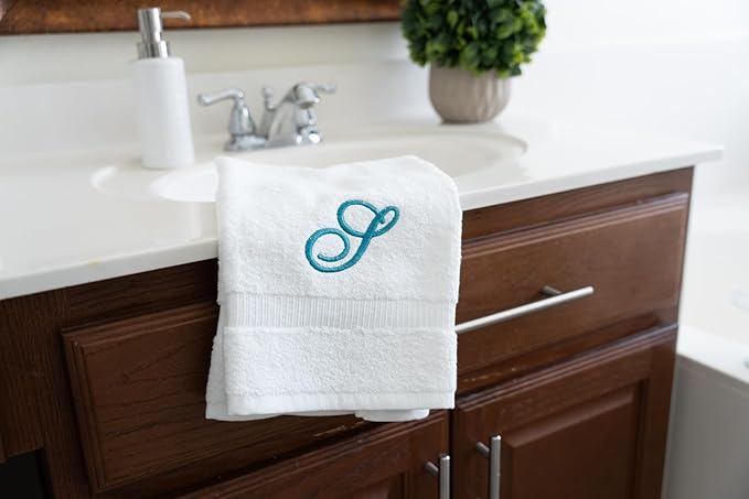 White Monogrammed Hand Towels for Bathroom - Luxury Hotel Quality Personalized Initial Embroidered Towel for Powder Room, Spa - GOTS Organic Certified - Pack of 2 Teal, Letter S