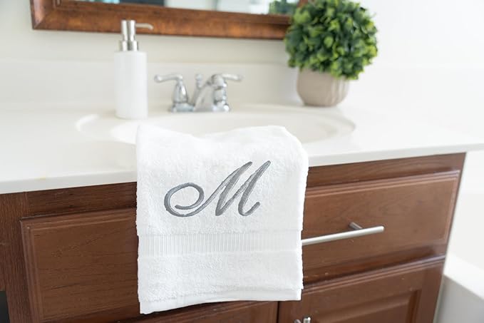 White Monogrammed Hand Towels for Bathroom - Luxury Hotel Quality Personalized Initial Embroidered Towel for Powder Room, Spa - GOTS Organic Certified - Pack of 2 Silver, Letter M