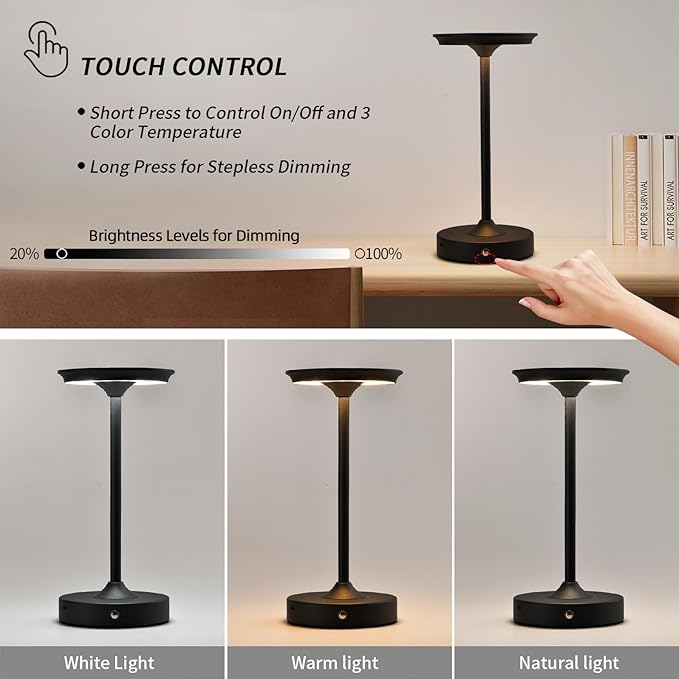 2 Pack Rechargeable Table Lamp, LED Cordless Table Lamp, 5000mAh Battery Operated Portable Table Light,Dimming for Restaurant/Patio/Outdoor(Black)