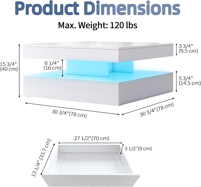 LED Coffee Table for Living Room, 2-Tier Modern Square Center Table with Music Sync Lights, High Gloss Surface, 30 3/4" x 30 3/4" (White)