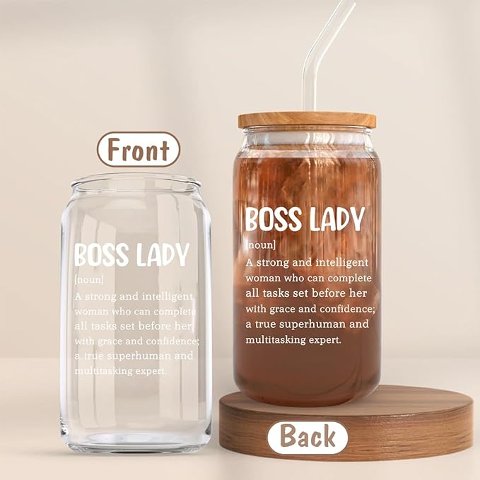 Boss Lady Glass Cup - 16oz with Lid and Straw, Thank You Boss Gift, Coworker Farewell Present