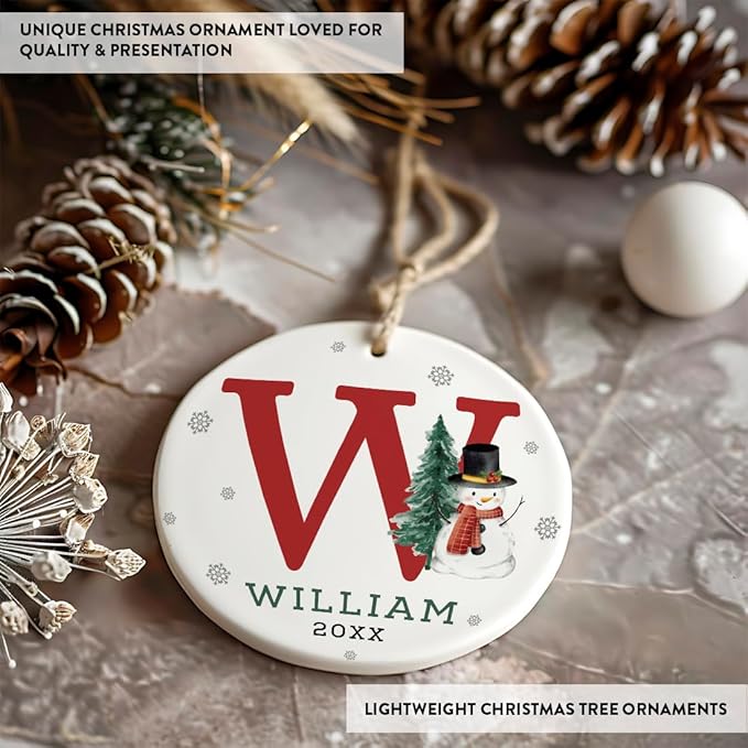 Andaz Press Personalized Christmas Ornament, Custom Name, Initial W Monogram Snowman 2.8" Ceramic Porcelain 2025 Christmas Ornament Keepsake for Kids, Boys, Girls, Initial Ornaments, 1-Pack