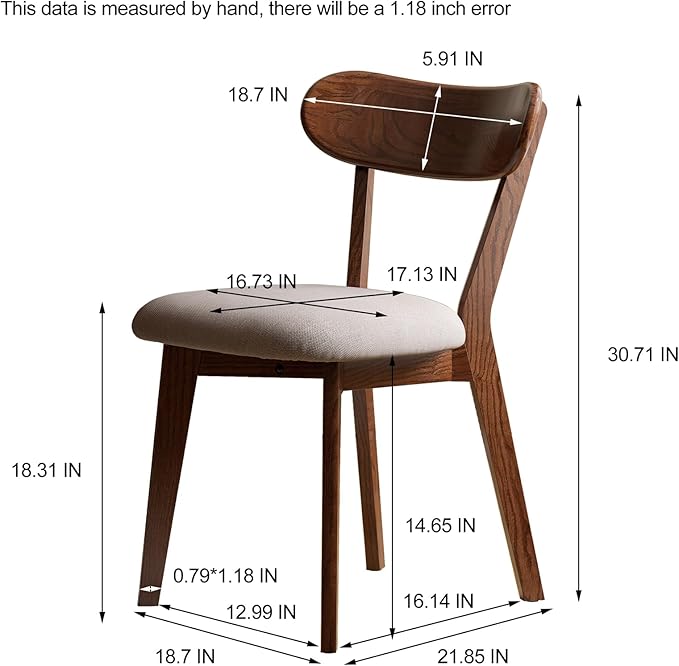 Walnut Dining Chairs Set of 2 - Comfortable Padded Seats,FAS-Grade North American Oak,Mid Century Modern Kitchen Chairs, Sturdy 400 lbs Capacity