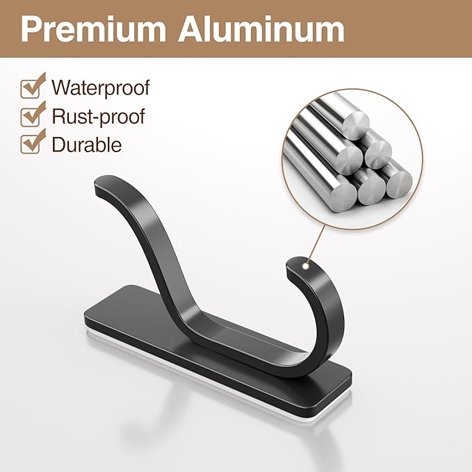 pickpiff Adhesive Wall Coat Hooks - Heavy Duty Stick-On Door Hanger, Metal Hook for Hanging Towel,Purse, Robe, Backpack, Jacket, Clothes - for Bathroom,Dorm, Closet, Kitchen - Black, 2 Pack