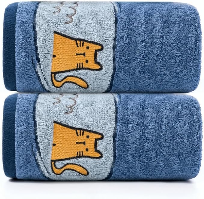Ultra Soft Cotton Cat Bath Towel - Large 59x29 Meow Print & Cat Paw, Quick Dry Absorbent,for Shower, Beach, Pool & Travel.2 Pack Blue.