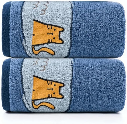 Ultra Soft Cotton Cat Bath Towel - Large 59x29 Meow Print & Cat Paw, Quick Dry Absorbent,for Shower, Beach, Pool & Travel.2 Pack Blue.