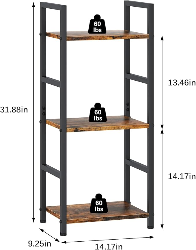 Bookshelf Storage Shelf Bookcase, 3 Tier Industrial Bookcase,Small Book case for Living Room, Bedroom, and Home Office, Easy Assembly Free Combination Multi-Functional Organizer(3 Tier,Rustic Brown)