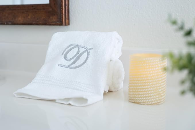 White Monogrammed Hand Towels for Bathroom - Luxury Hotel Quality Personalized Initial Embroidered Towel for Powder Room, Spa - GOTS Organic Certified - Set of 2 Silver Letter D