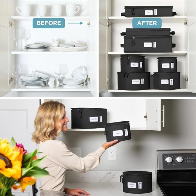 Hard Shell China Storage Containers 12-Piece Set Moving Boxes for Dinnerware, Glasses, Plates, Mugs and Saucers Sturdy Dish Organizer with Dividers for Seasonal Storage - Service for 12 - Black