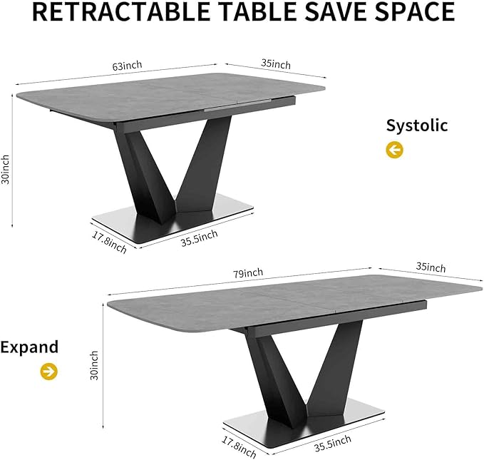 79" Modern Dining Table for 6-8 People, Gray Extendable Sintered Stone Top with V-Shaped Carbon Steel Base for Dining Rooms (1Table+4Chairs)