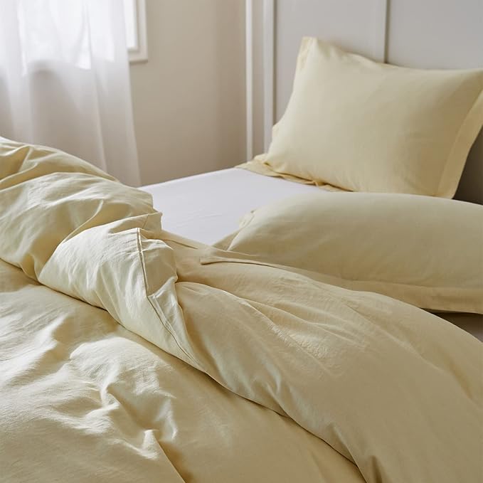 Simple&Opulence French Linen Duvet Cover Set - Queen Size(88" x 92")- 3 Pieces (1 Comforter Cover,2 Pillowcases)- Natural Flax Cotton Blend-Solid Color Breathable Farmhouse Bedding-Pale Yellow