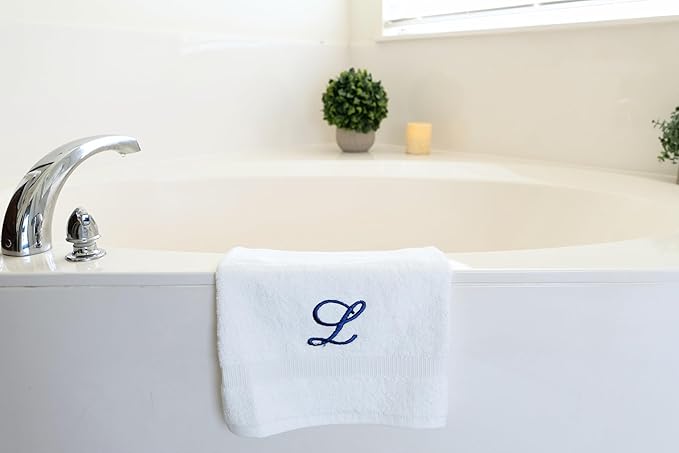 White Monogrammed Hand Towels for Bathroom - Luxury Hotel Quality Personalized Initial Embroidered Towel for Powder Room, Spa - GOTS Organic Certified - Set of 2 Navy Letter L